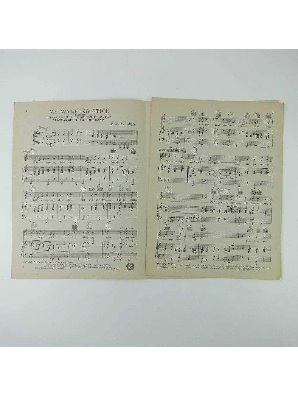 Sheet Music My Walking Stick Alexanders Ragtime Band Tyrone Power Alice Fay 1938